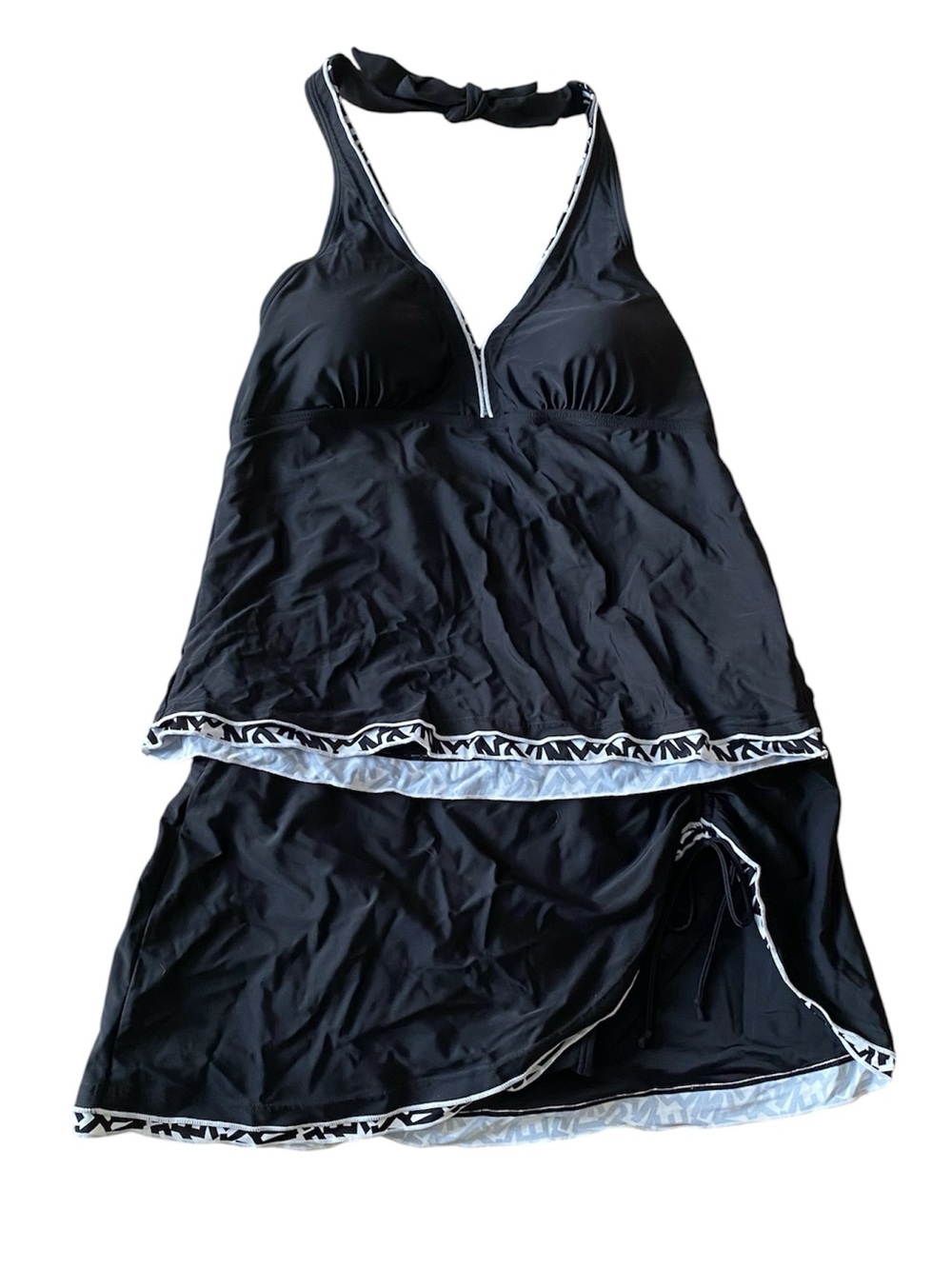 Halter Tankini Swim With Skirt in Black with Contrast Trim